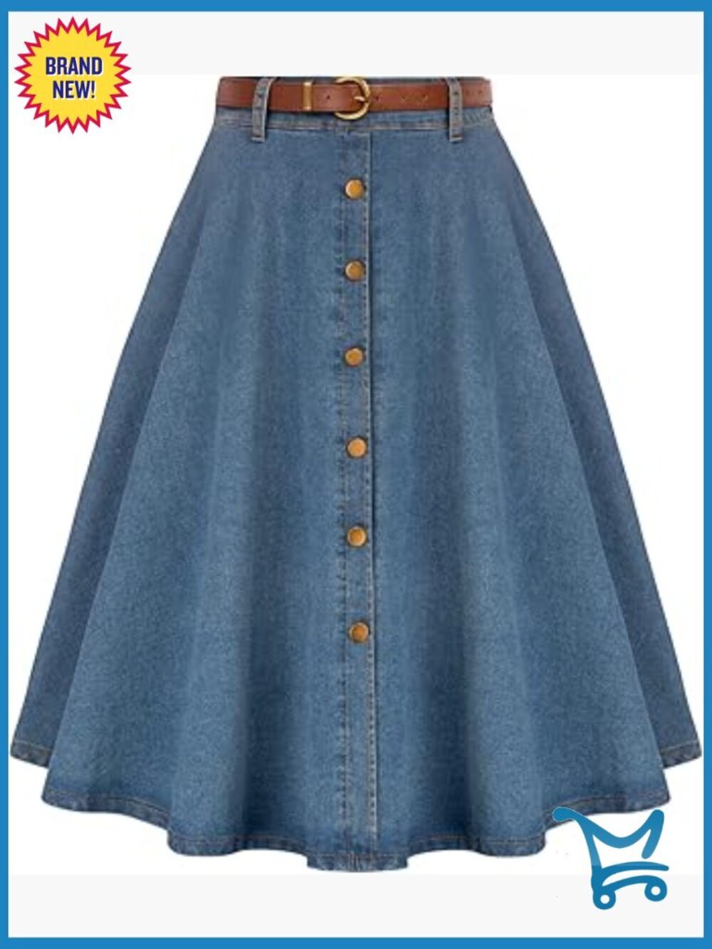 Vintage High Waist A-Line Jean Skirt with Pockets Midi Length